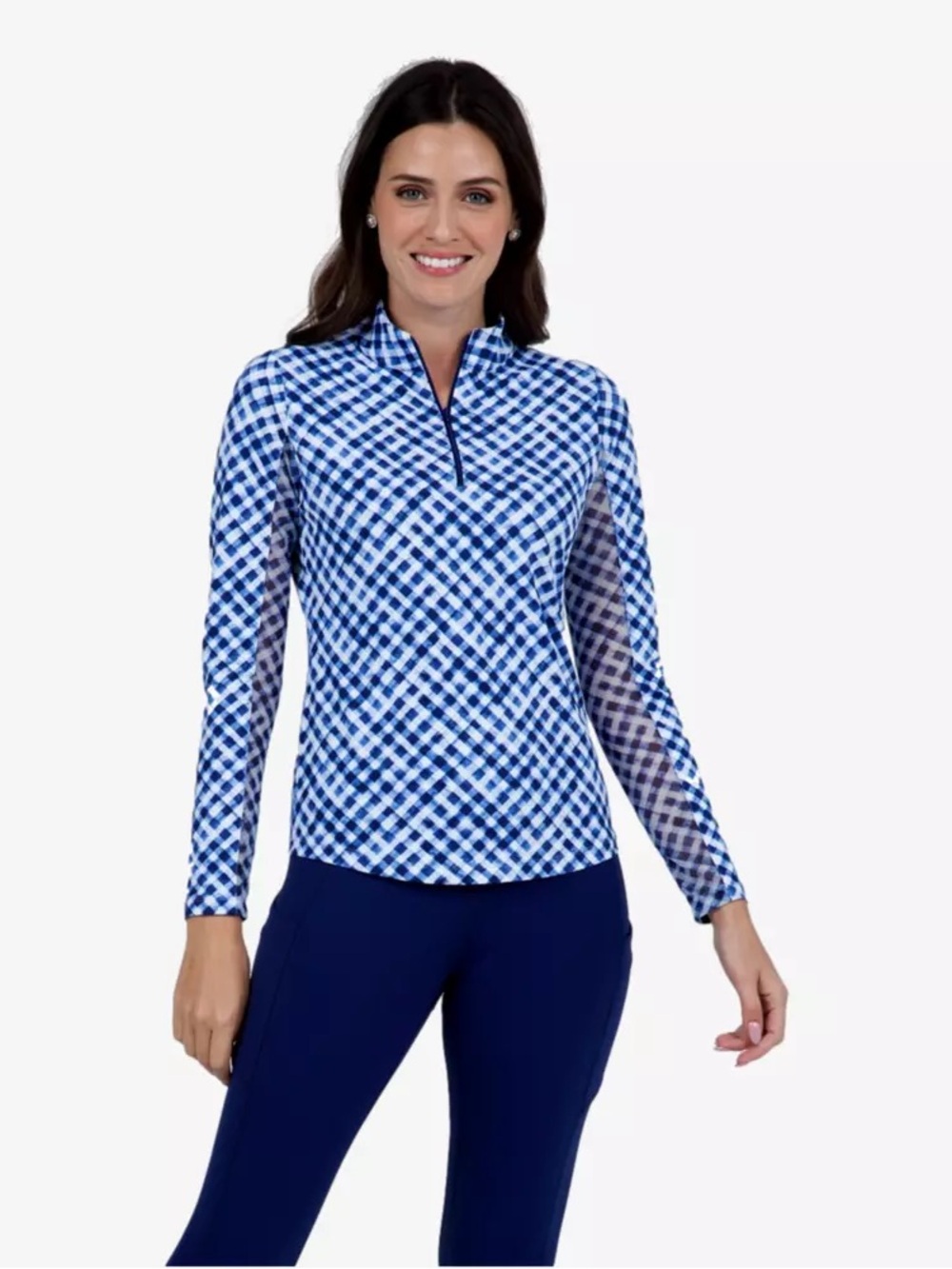 IBKUL Blue White Gingham Check 1/4 Zip Sun Shirt Long Sleeve Top XL UPF 50+